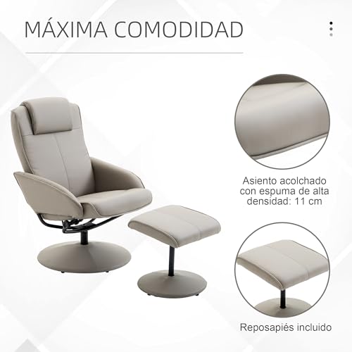 HOMCOM Sillón Relax Reclinable hasta 145° con Taburete Reposapiés Sillón de Salón Giratorio 360° Tapizado en PU y Estructura de Acero 78x67x98 cm Gris