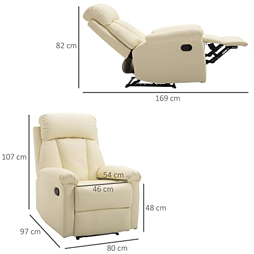 HOMCOM Sillón Relax Reclinable Tapizado en PU Butaca de Salón con Reposapiés Retráctil Respaldo Alto Resposabrazos para Dormitorio 80x97x107 cm Blanco