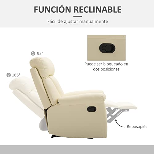 HOMCOM Sillón Relax Reclinable Tapizado en PU Butaca de Salón con Reposapiés Retráctil Respaldo Alto Resposabrazos para Dormitorio 80x97x107 cm Blanco