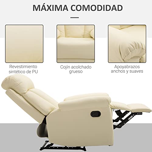 HOMCOM Sillón Relax Reclinable Tapizado en PU Butaca de Salón con Reposapiés Retráctil Respaldo Alto Resposabrazos para Dormitorio 80x97x107 cm Blanco