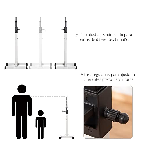 HOMCOM Soporte para Barras de Pesas Ajustable Estante de Acero para Levantamiento de Pesas Sentadillas Carga Máx. 150 kg Entrenamiento en Gimnasio Hogar 52x48x105-160 cm Blanco