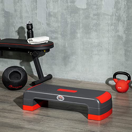 HOMCOM Step de Aeróbic Plataforma Step para Fitness Stepper Antideslizante con Altura Ajustable de 10/15/20 cm Tabla de Ejercicio en Casa Gimnasio Oficina Carga 150 kg 78x28x20 cm Gris y Rojo