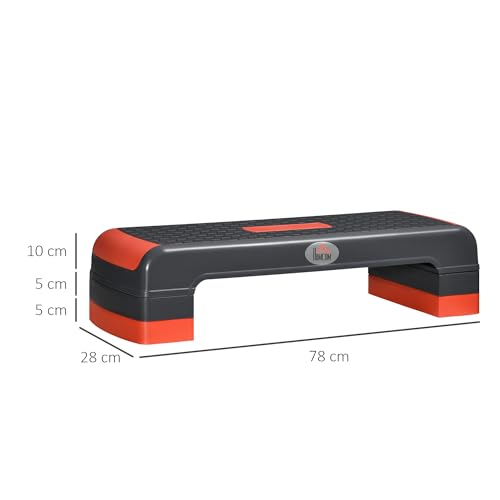 HOMCOM Step de Aeróbic Plataforma Step para Fitness Stepper Antideslizante con Altura Ajustable de 10/15/20 cm Tabla de Ejercicio en Casa Gimnasio Oficina Carga 150 kg 78x28x20 cm Gris y Rojo