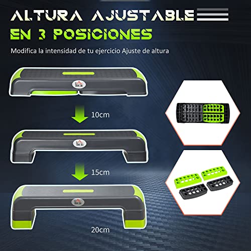 HOMCOM Step de Aeróbic Plataforma Step para Fitness Stepper Antideslizante con Altura Ajustable de 10/15/20 cm Tabla de Ejercicio en Casa Gimnasio Oficina Carga 150 kg 78x28x20 cm Gris y Verde