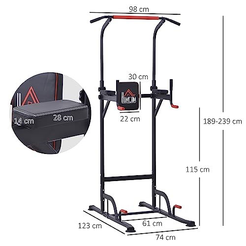 HOMCOM Torre de Ejercicios Estación Multifuncional Altura Ajustable con 7 Orificios para Entrenamiento Fitness Casa Gimnasio Oficina Carga Máx. 120 kg 123x98x189-239 cm Negro y Rojo