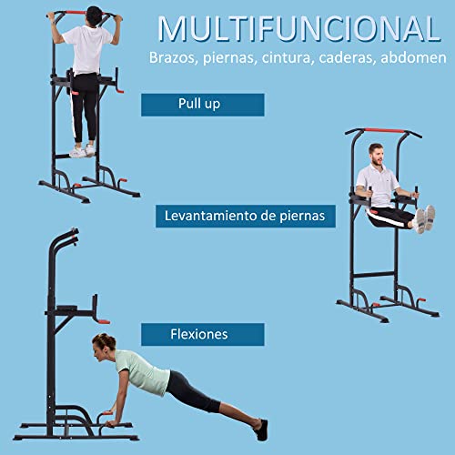 HOMCOM Torre de Ejercicios Estación Multifuncional Altura Ajustable con 7 Orificios para Entrenamiento Fitness Casa Gimnasio Oficina Carga Máx. 120 kg 123x98x189-239 cm Negro y Rojo