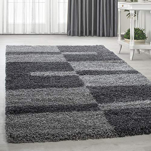 HomebyHome Alfombra Salon Peludo de Pelo Largo Gris 140x200 cm - Alfombras de Habitacion Sala de Estar Diseño a Cuadros Suave y Esponjoso - Alfombras Dormitorio Moqueta Cocina Rectangular