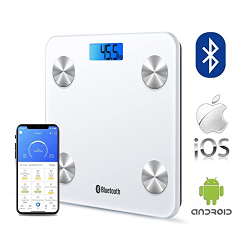 HOMEFASHION Báscula Digital Inteligente con Bluetooth Compatible con iOS y Android, Medidor de Peso, IMC, Masa Muscular, Grasa Corporal, Agua, Masa Osea (blanco)