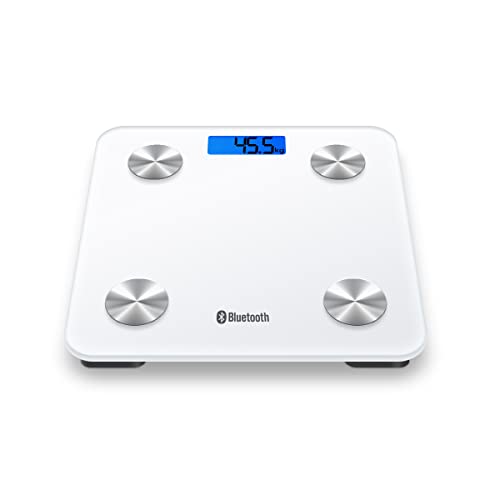 HOMEFASHION Báscula Digital Inteligente con Bluetooth Compatible con iOS y Android, Medidor de Peso, IMC, Masa Muscular, Grasa Corporal, Agua, Masa Osea (blanco)