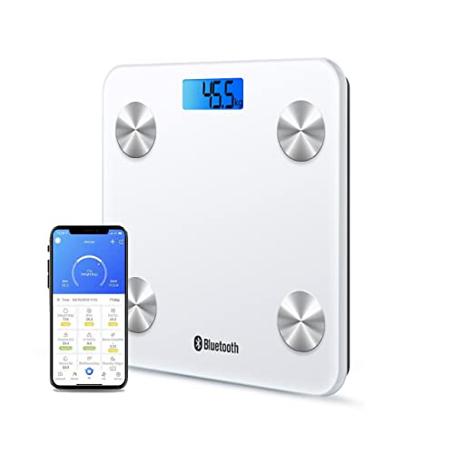 HOMEFASHION Báscula Digital Inteligente con Bluetooth Compatible con iOS y Android, Medidor de Peso, IMC, Masa Muscular, Grasa Corporal, Agua, Masa Osea (blanco)