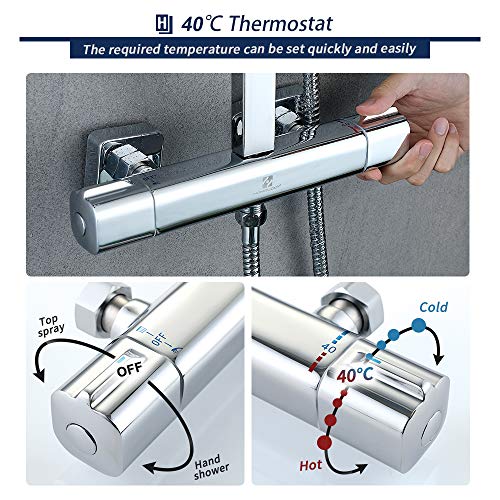 HOMELODY Sistema de ducha con termostato, ducha de lluvia, rectangular, incluye ducha de mano ABS, ducha de lluvia 19,7 x 19,7 cm, barra de ducha de acero inoxidable