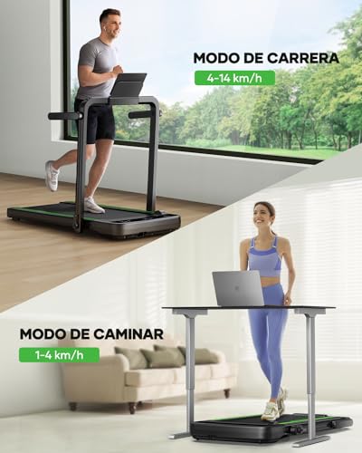 HomeTro Cinta de Correr Plegable, 1-14 KM/H, 2.5HP Cinta de Andar con Dos Pantallas Táctil LED, 12 Modos de Ejercicio, App y Control Remoto Inalámbrico, Negro y Verde