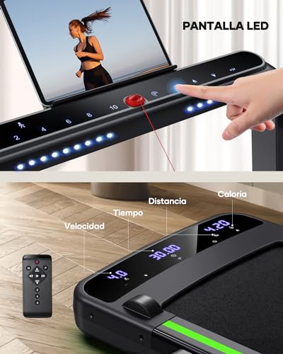 HomeTro Cinta de Correr Plegable, 1-14 KM/H, 2.5HP Cinta de Andar con Dos Pantallas Táctil LED, 12 Modos de Ejercicio, App y Control Remoto Inalámbrico, Negro y Verde