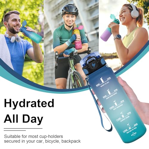 HoneyHolly Botella Agua, 1000 ml sin BPA, Botella de Agua, Prueba de Fugas, Botella con Pajita, Marcador de Tiempo Motivacional, Botella Gym, Cantimplora para Sport, Bicicleta, Gimnasio, Escuela