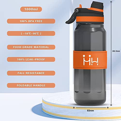 HoneyHolly Botella Agua, Botella Agua 1 litro, Botella Agua Deporte, Sin BPA, Tapa a Prueba de Fugas con Tapa abatible y Paja, 2 Opciones de Bebida, Aplicar a Sport, Gimnasio, Trekking, Bicicleta