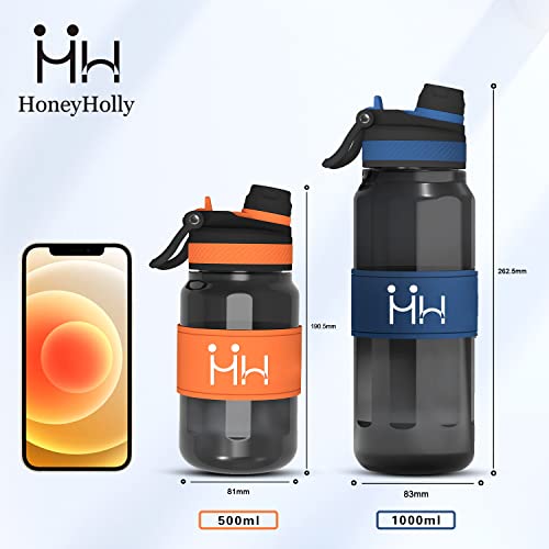 HoneyHolly Botella Agua, Botella Agua 1 litro, Botella Agua Deporte, Sin BPA, Tapa a Prueba de Fugas con Tapa abatible y Paja, 2 Opciones de Bebida, Aplicar a Sport, Gimnasio, Trekking, Bicicleta