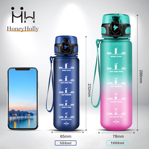 HoneyHolly Botella de Agua Deportiva, Botella agua 1 litro, Botella Gimnasio Motivadora con Marcas de Tiempo, Prueba de Fugas sin BPA, Reutilizable Cantimplora para Gym, Deporte, Escuela - con Filtres