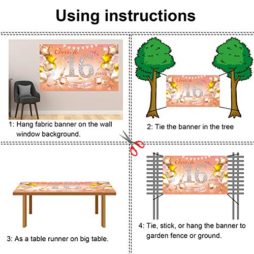 HOWAF Chica 16 Cumpleaños Decoración Oro Rosa, Chica 16 Cumpleaños Pancarta de Tela para 16 Años Telón de Fondo, 16 Cumpleaños Pared Jardín Decoración, 16 Cumpleaños Interior Exterior Decoración