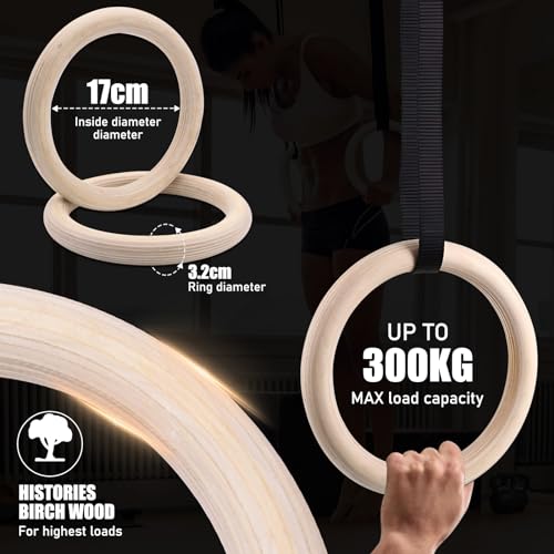 HRILKAOD Anillos de Gimnasia de Madera, 28 mm Anillos de Gimnasia Anillos de Gimnasio Profesionales para Tracciones Anillo Entrenamiento Corporal Libre para Crossfit, Gimnasio, Fitness