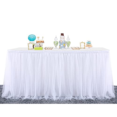 Htper Falda de Mesa Blanca, Gasa de Escritorio romántica de Tul, decoración de Mesa para Baby Shower, Boda, cumpleaños, día de San Valentín Navidad, L275×H76cm