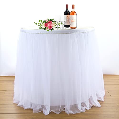 Htper Falda de Mesa Blanca, Gasa de Escritorio romántica de Tul, decoración de Mesa para Baby Shower, Boda, cumpleaños, día de San Valentín Navidad, L275×H76cm