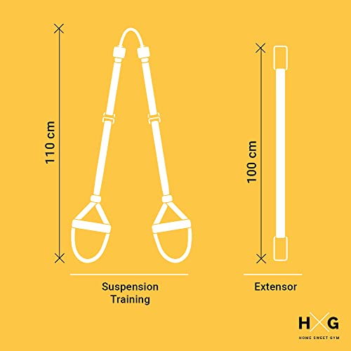 HxG. Entrenamiento en Suspension Trainer o Training con Correas Ajustables de Carga hasta 500kg. Ideal para Ejercicios y Entrenamientos de Musculación. (Amarillo)