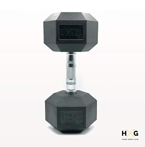 HxG.Mancuerna hexagonal ergonómica de 17,5kg con empuñadura de cromo y revestimiento de caucho que evita daños en el suelo. Tu casa es tu gimnasio. 1 Unidad.