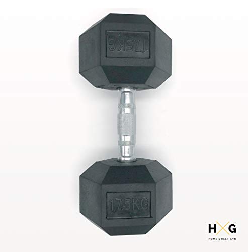 HxG.Mancuerna hexagonal ergonómica de 17,5kg con empuñadura de cromo y revestimiento de caucho que evita daños en el suelo. Tu casa es tu gimnasio. 1 Unidad.