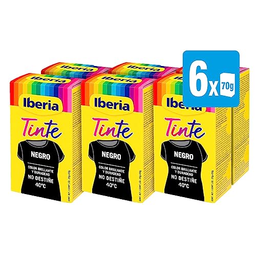 Iberia - Tinte para Ropa Color Negro, Color Brillante y Duradero, no Destiñe, Incluye Cubeta con Fijador y Dos Sobres de Tinte, Apto para Teñir en Lavadora y a Mano - Pack 6 x 70 gr