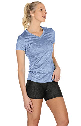 icyzone Camiseta de Deportiva de Manga Corta para Mujer, Pack de 3 (M, Negro/Granito/Azul)