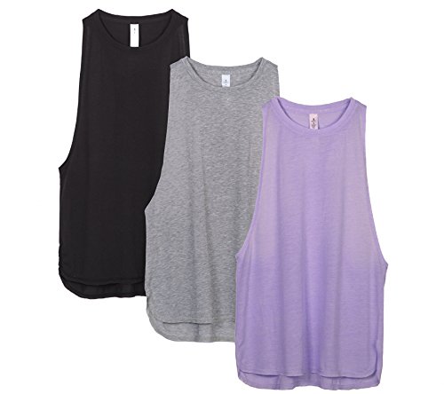 icyzone Sueltas y Ocio Camiseta de Fitness Deportiva de Tirantes para Mujer, Pack de 3 (S, Negro/Gris/Lavanda)