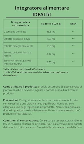 IDEALFIT de Idealica 100% Natural gotas para bajar de peso | Control de peso y supresión del apetito | L-carnitina | Bayas de goji | 20ml