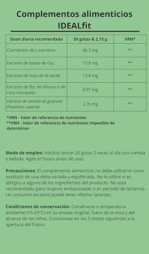 IDEALFIT de Idealica 100% Natural gotas para bajar de peso | Control de peso y supresión del apetito | L-carnitina | Bayas de goji | 20ml