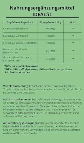 IDEALFIT de Idealica 100% Natural gotas para bajar de peso | Control de peso y supresión del apetito | L-carnitina | Bayas de goji | 20ml