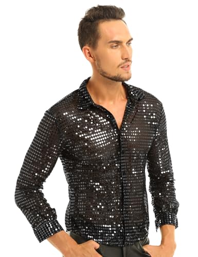 IEFIEL Camisa de Baile Latino Lentejuelas Hombre Camisa de Danza Moderna Brillante Sexy Traje de Baile Disfraz Estilo 80s Vintage M-XL Negro Large