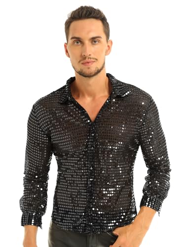 IEFIEL Camisa de Baile Latino Lentejuelas Hombre Camisa de Danza Moderna Brillante Sexy Traje de Baile Disfraz Estilo 80s Vintage M-XL Negro Large