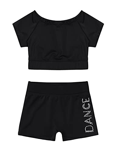 IEFIEL Conjunto de Danza Deportiva para Niñas Crop Top y Leggings Cortos Mallas Elásticas Maillot de Gimnasia Rítmica Ropa de Deporte Fitness Yoga 3-16 Años A Negro 10-12 años