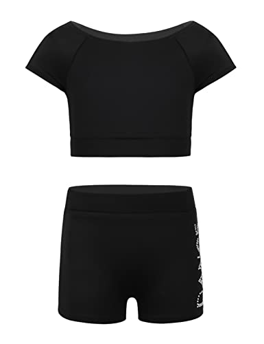 IEFIEL Conjunto de Danza Deportiva para Niñas Crop Top y Leggings Cortos Mallas Elásticas Maillot de Gimnasia Rítmica Ropa de Deporte Fitness Yoga 3-16 Años A Negro 10-12 años