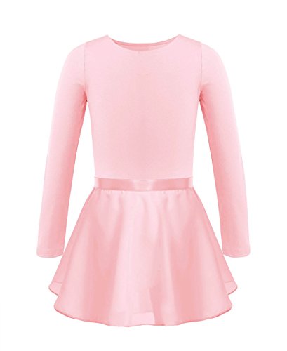 IEFIEL Maillot Ballet Niña Manga Larga Vestido de Danza Ballet de 2 Piezas Body+Falda Corta Maillot Patinaje Artistico Niña Ropa Ballet Rosa de Perla 7-8 años