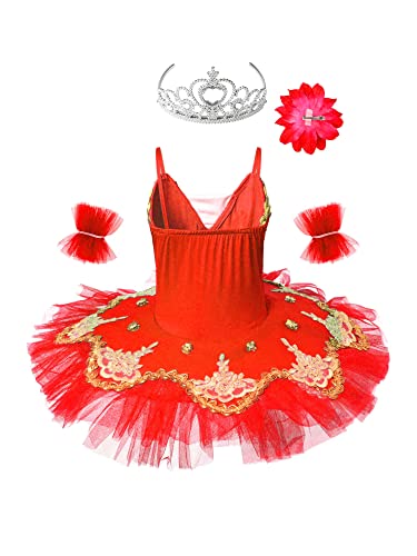 IEFIEL Vestido de Bailarina Ballet Cisne para Niña con Lentejuelas Rendimiento Maillot con Falda Tutú y Corona y Clips Floral Traje de Gimnasia Rítmica Patinaje 4-16 Años A Rojo 9-10 años