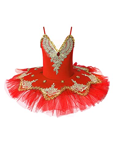 IEFIEL Vestido de Bailarina Ballet Cisne para Niña con Lentejuelas Rendimiento Maillot con Falda Tutú y Corona y Clips Floral Traje de Gimnasia Rítmica Patinaje 4-16 Años A Rojo 9-10 años