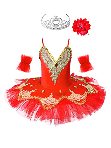 IEFIEL Vestido de Bailarina Ballet Cisne para Niña con Lentejuelas Rendimiento Maillot con Falda Tutú y Corona y Clips Floral Traje de Gimnasia Rítmica Patinaje 4-16 Años A Rojo 9-10 años