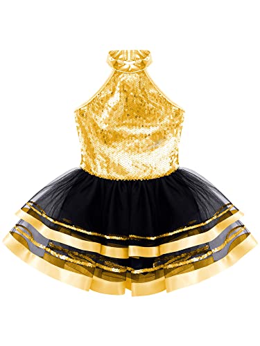 IEFIEL Vestido de Danza Ballet con Tutú para Niña Maillot Lentejuelas de Baile Leotardo Gimnasia Rítmica Disfraz de Bailarina Rendimiento 3-16 Años S Dorado 5-6 años