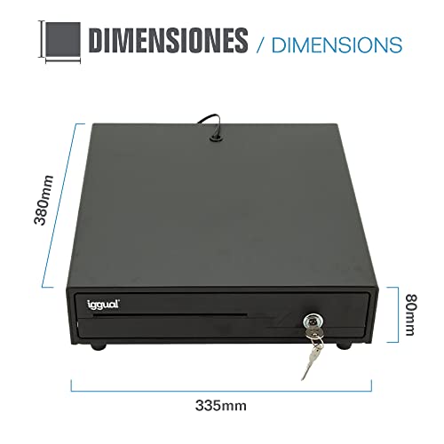 iggual Cajón Portamonedas IRON-10 - Caja Registradora Manual o Automática RJ11 (12V), Compartimentos: x4 Billetes y x6 Monedas, Cerradura 3 Posiciones Bloqueo, 38x33.50x8 cm (Color Negro)