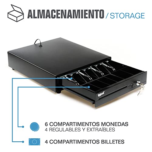 iggual Cajón Portamonedas IRON-10 - Caja Registradora Manual o Automática RJ11 (12V), Compartimentos: x4 Billetes y x6 Monedas, Cerradura 3 Posiciones Bloqueo, 38x33.50x8 cm (Color Negro)