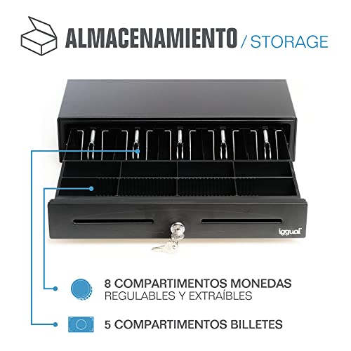 iggual Cajón Portamonedas IRON-70 - Caja Registradora Manual o Automática RJ11 (12V), Compartimentos: x5 Billetes y x8 Monedas, Cerradura 3 Posiciones Bloqueo, 44.50x42.50x9 cm (Color Negro)