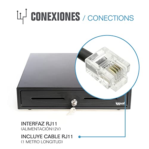 iggual Cajón Portamonedas IRON-70 - Caja Registradora Manual o Automática RJ11 (12V), Compartimentos: x5 Billetes y x8 Monedas, Cerradura 3 Posiciones Bloqueo, 44.50x42.50x9 cm (Color Negro)