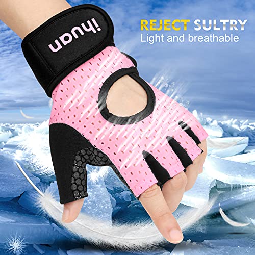 ihuan Guantes de levantamiento de pesas transpirables: guantes de gimnasio sin dedos, soporte de muñeca, protección de la palma, agarre extra para fitness, remo, dominadas (rosa, XS)