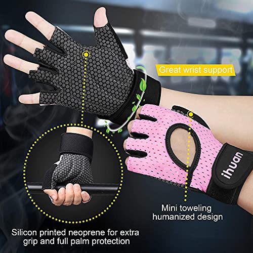 ihuan Guantes de levantamiento de pesas transpirables: guantes de gimnasio sin dedos, soporte de muñeca, protección de la palma, agarre extra para fitness, remo, dominadas (rosa, XS)