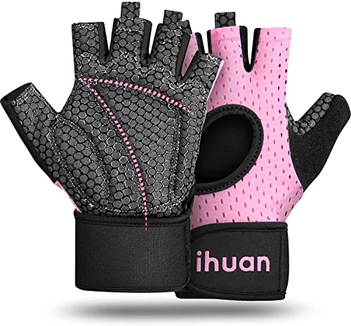 ihuan Guantes de levantamiento de pesas transpirables: guantes de gimnasio sin dedos, soporte de muñeca, protección de la palma, agarre extra para fitness, remo, dominadas (rosa, XS)